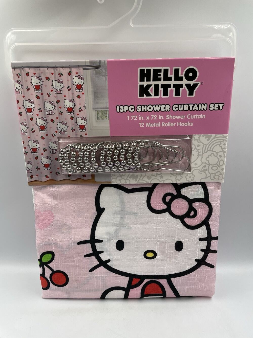 NEW Sanrio Hello Kitty Shower Curtain Pink Strawberry Cherry 100% Cotton 72x72